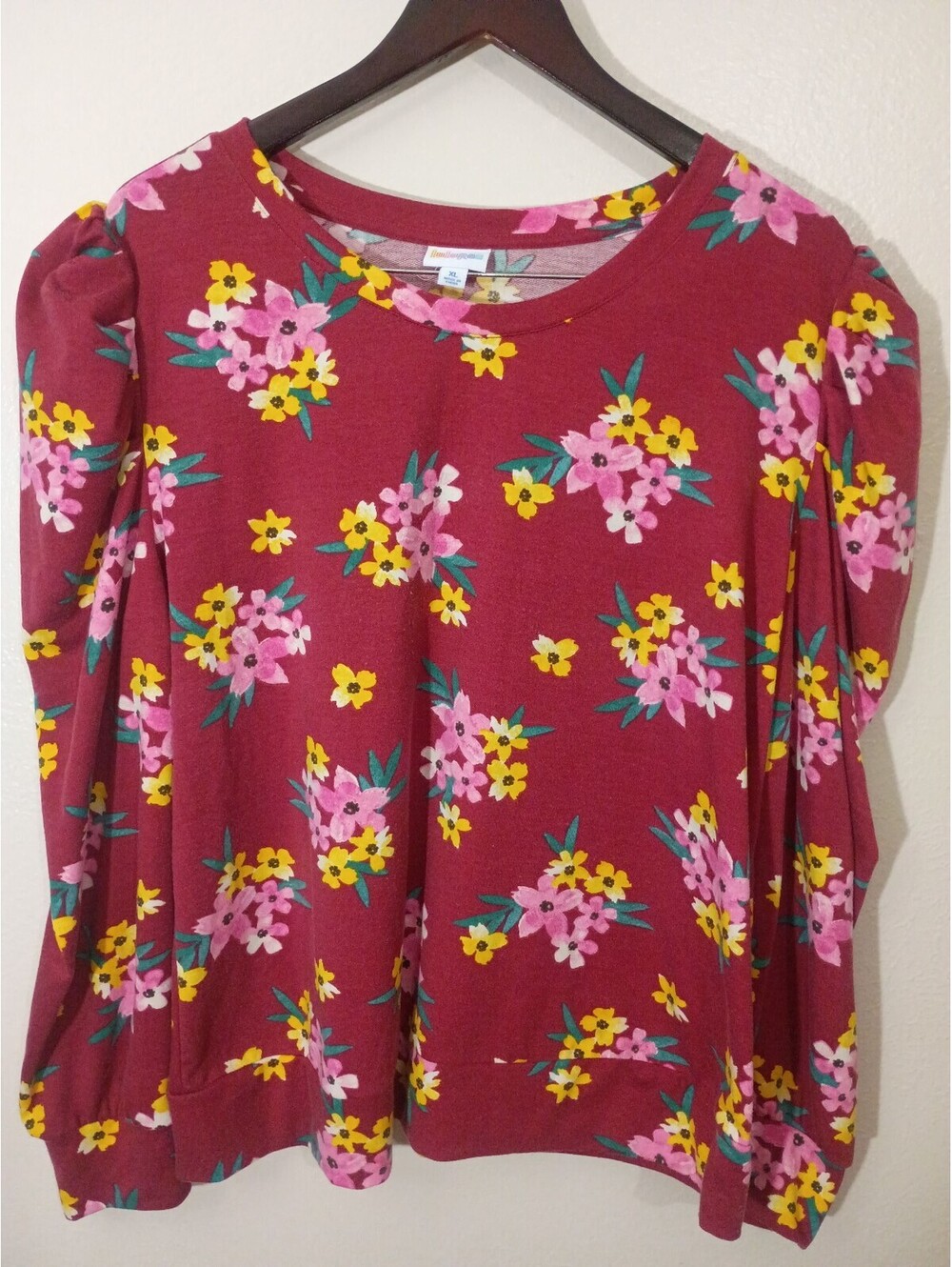 LuLaRoe XL Floral Puff Sleeve Top Burgundy Pink Yellow